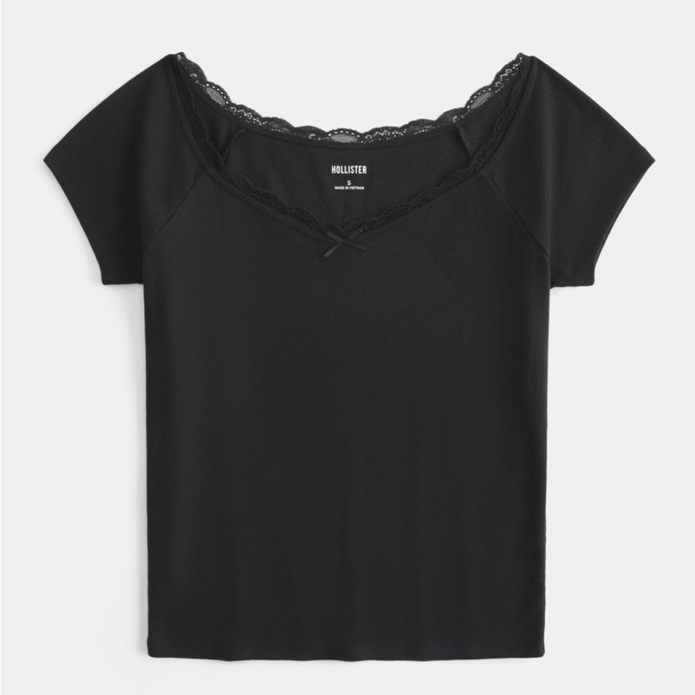 Hollister Women's Black OFF-THE-SHOULDER LACE TRIM TOP